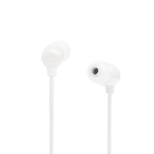 Auriculares JBL blancos con cable sobre fondo negro.