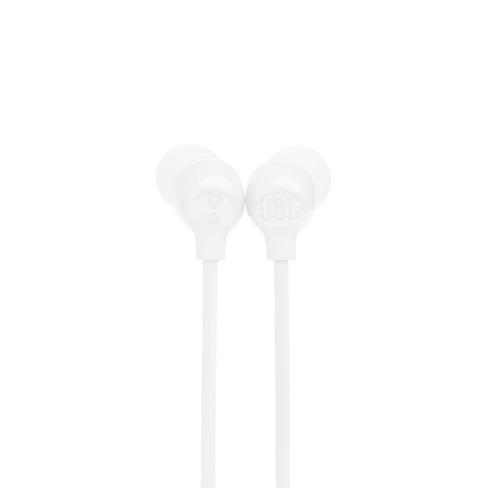Auriculares blancos JBL con cable sobre fondo negro.