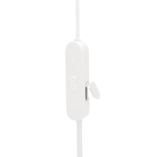 Control remoto blanco para auriculares con botones de volumen y reproducción.