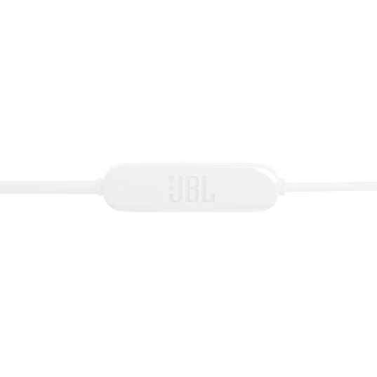 Un control remoto en línea blanco de JBL para auriculares con cable.