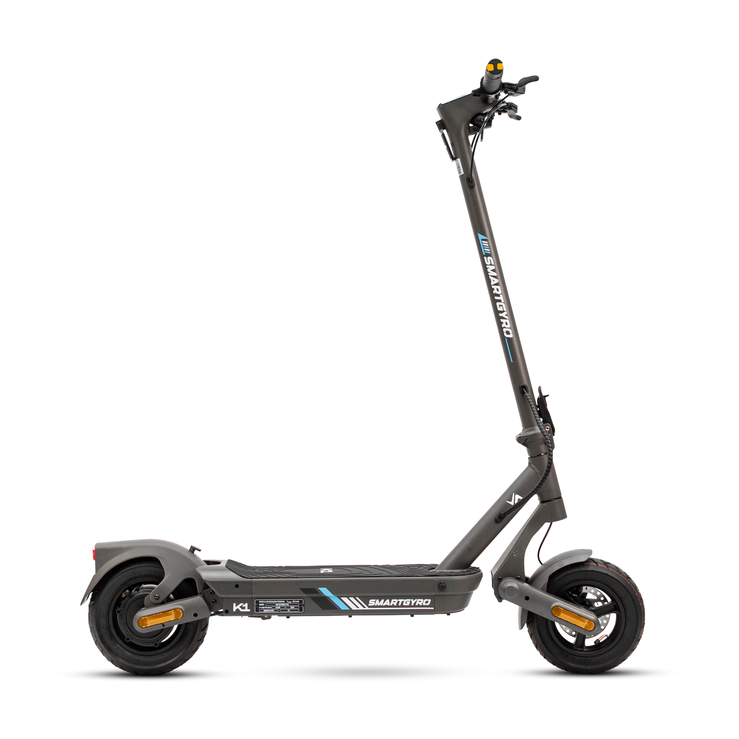 Un patinete eléctrico gris con manillar, ruedas y plataforma.