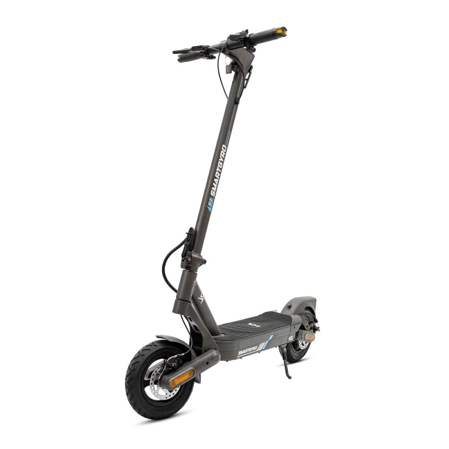 Un patinete eléctrico gris con ruedas negras y detalles amarillos sobre fondo gris.