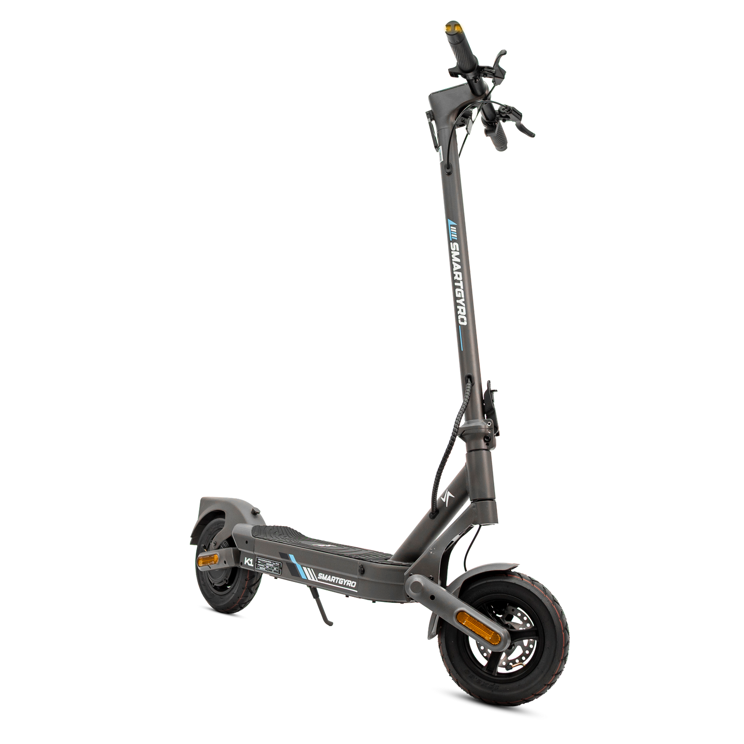 Un patinete eléctrico gris con manillar, ruedas y plataforma negros.