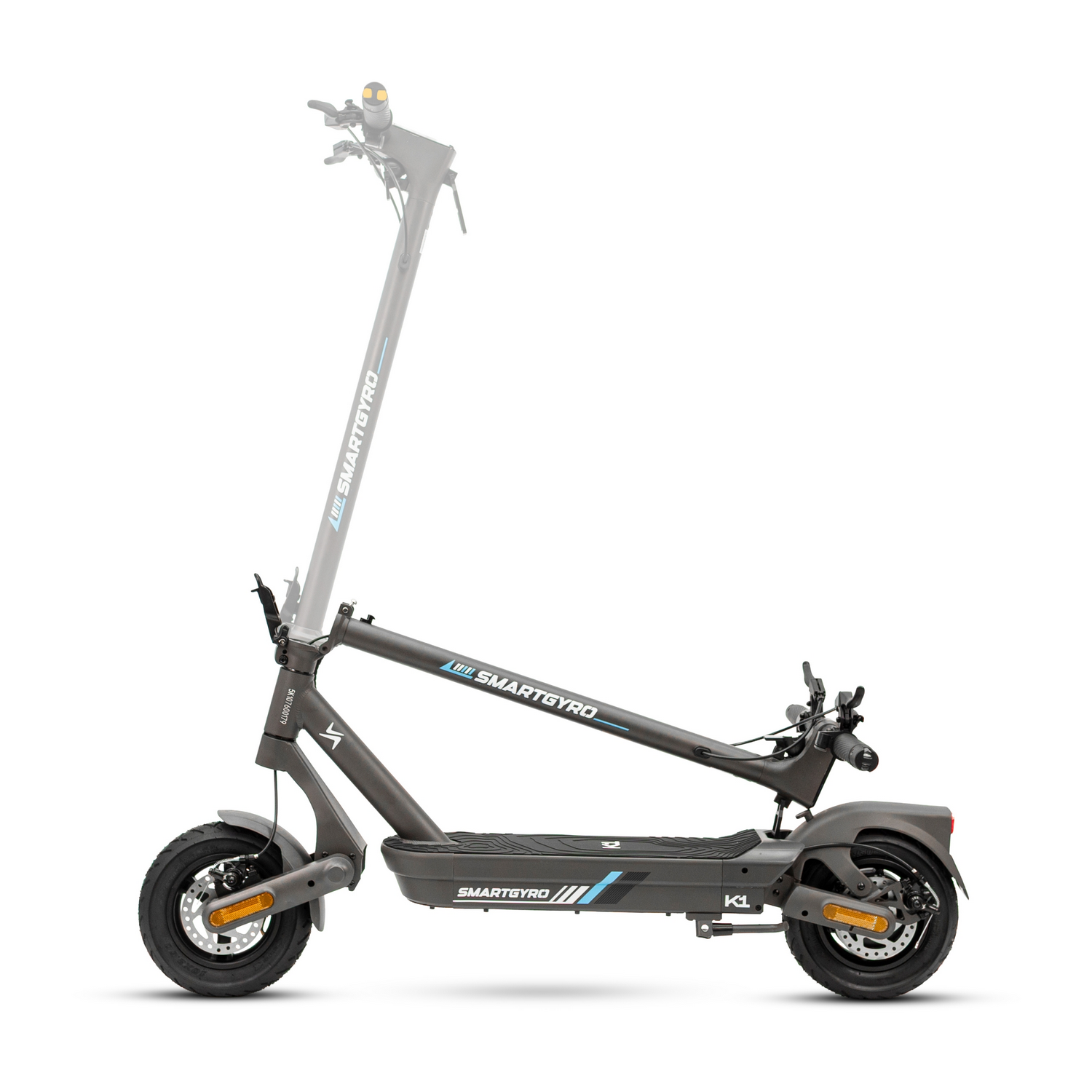Un patinete eléctrico gris con manillar plegable y el logo "SMARTGYRO".
