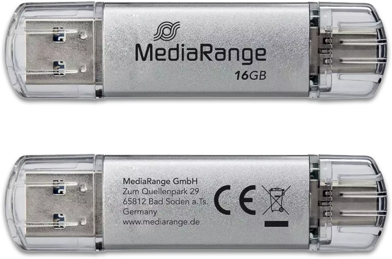 Két MediaRange USB-meghajtó, 16GB. Az egyik logót, a másik részleteket mutat.