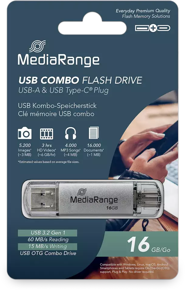 MediaRange USB-A és USB Type-C Combo Flash Drive, 16GB, ezüst kupakkal.