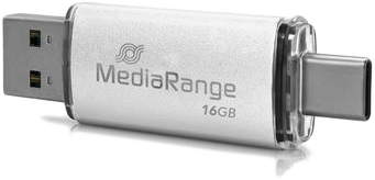 Ezüst 16 GB-os USB-meghajtó USB-A és USB-C csatlakozókkal.