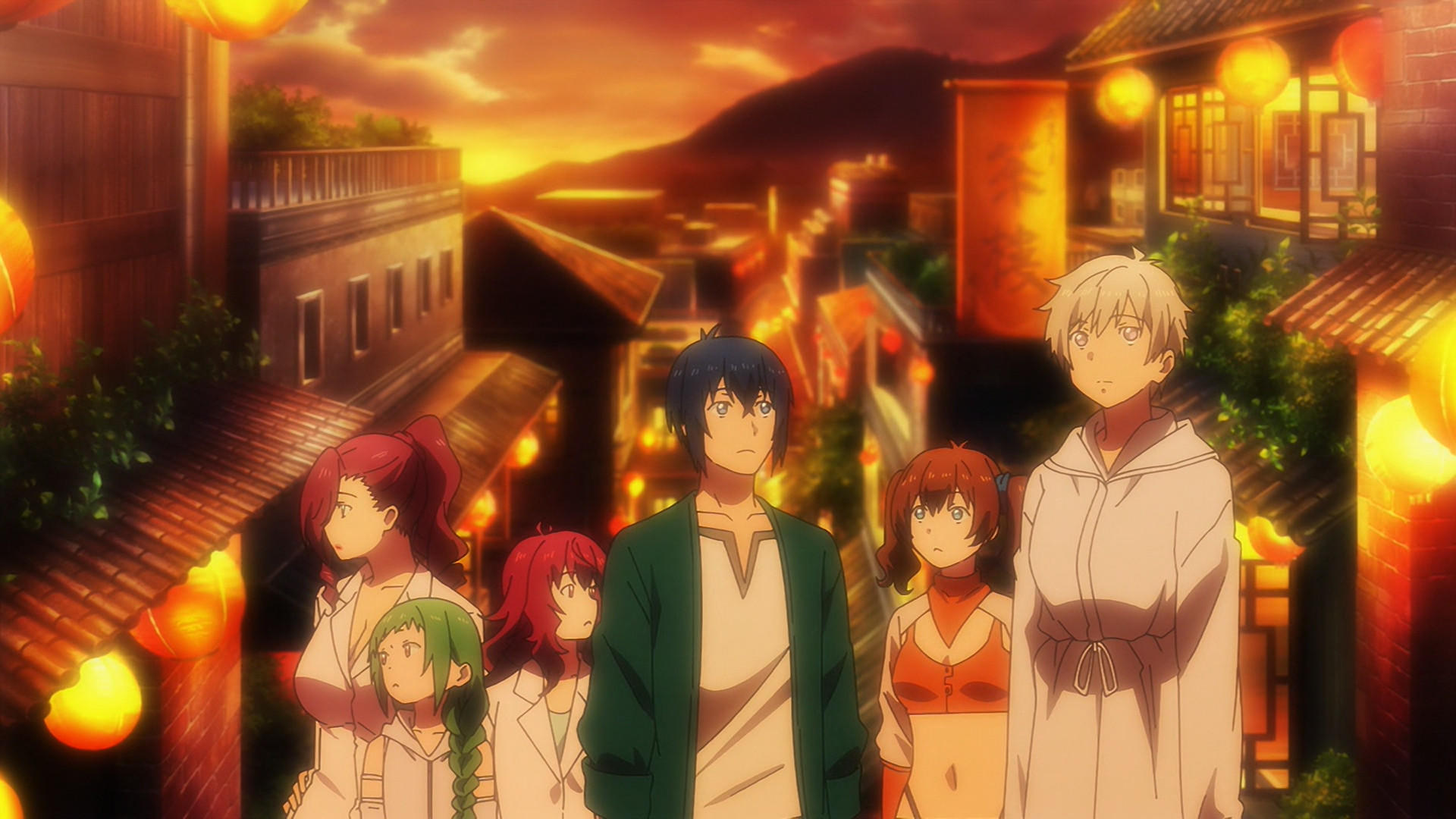 Anime-Charaktere stehen in einer Stadt mit Laternen bei Sonnenuntergang.