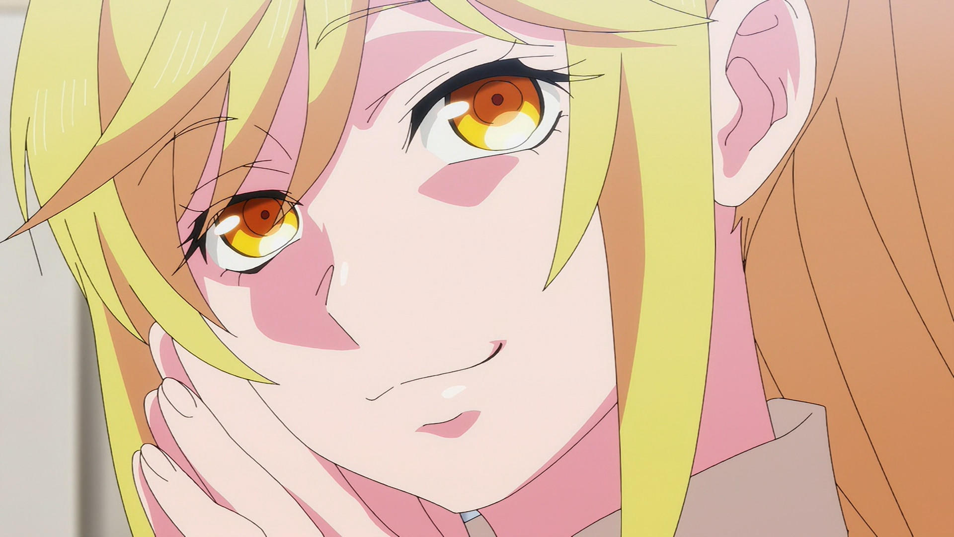 Anime-Mädchen mit gelben Haaren und orangen Augen blickt zur Seite.