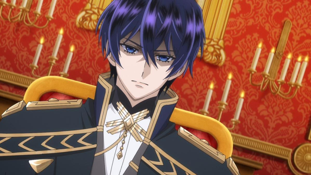 Ein Anime-Charakter mit blauen Augen und dunklem Haar sitzt in einem opulenten Raum.