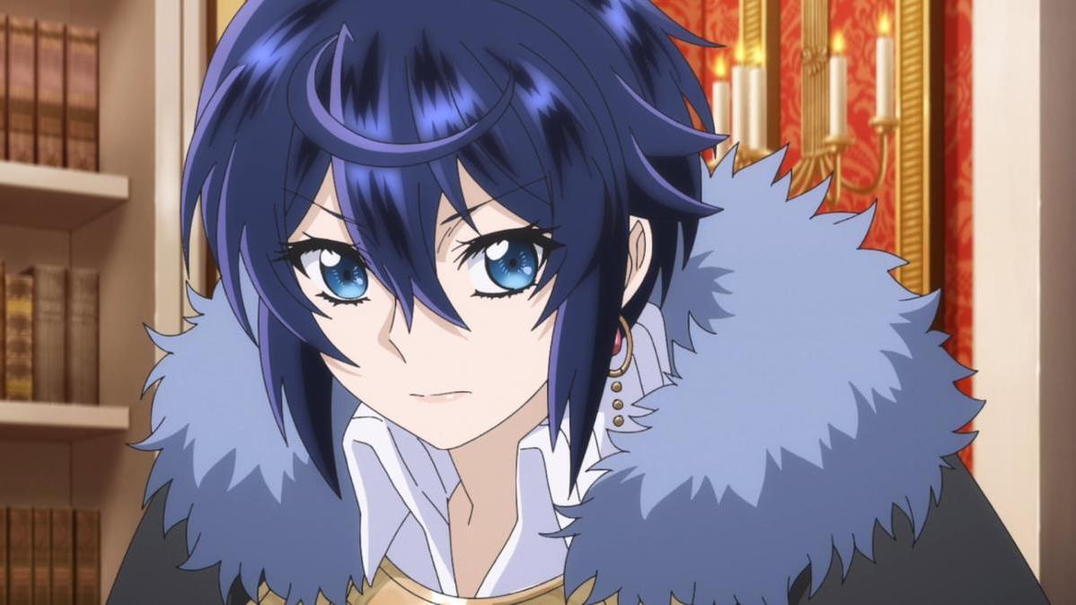 Ein Anime-Charakter mit dunklem Haar und blauen Augen, trägt einen pelzigen Kragen.