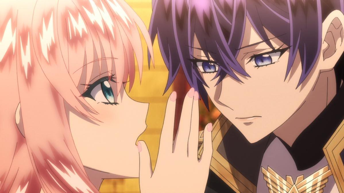 Anime-Szene: Zwei Charaktere, ein Mann mit lila Haaren und eine Frau mit rosa Haaren.
