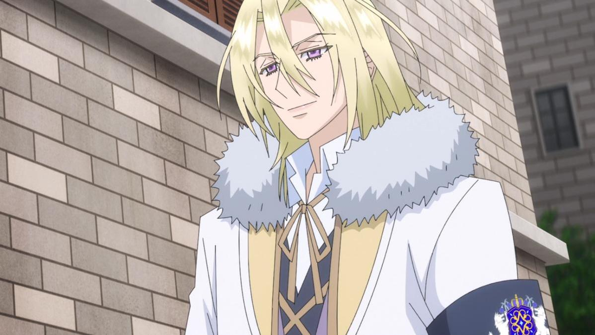 Ein Mann mit langen blonden Haaren, lila Augen und einem weißen Mantel mit Pelzkragen.