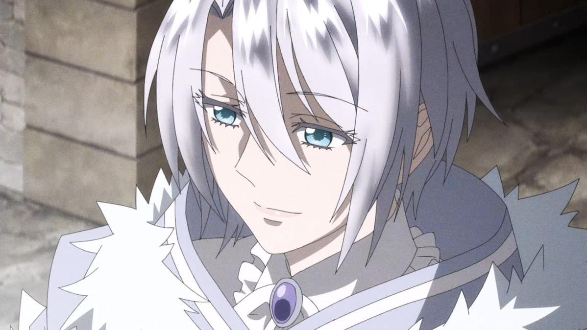Anime-Figur mit silbernem Haar und blauen Augen trägt Pelzbesatz.