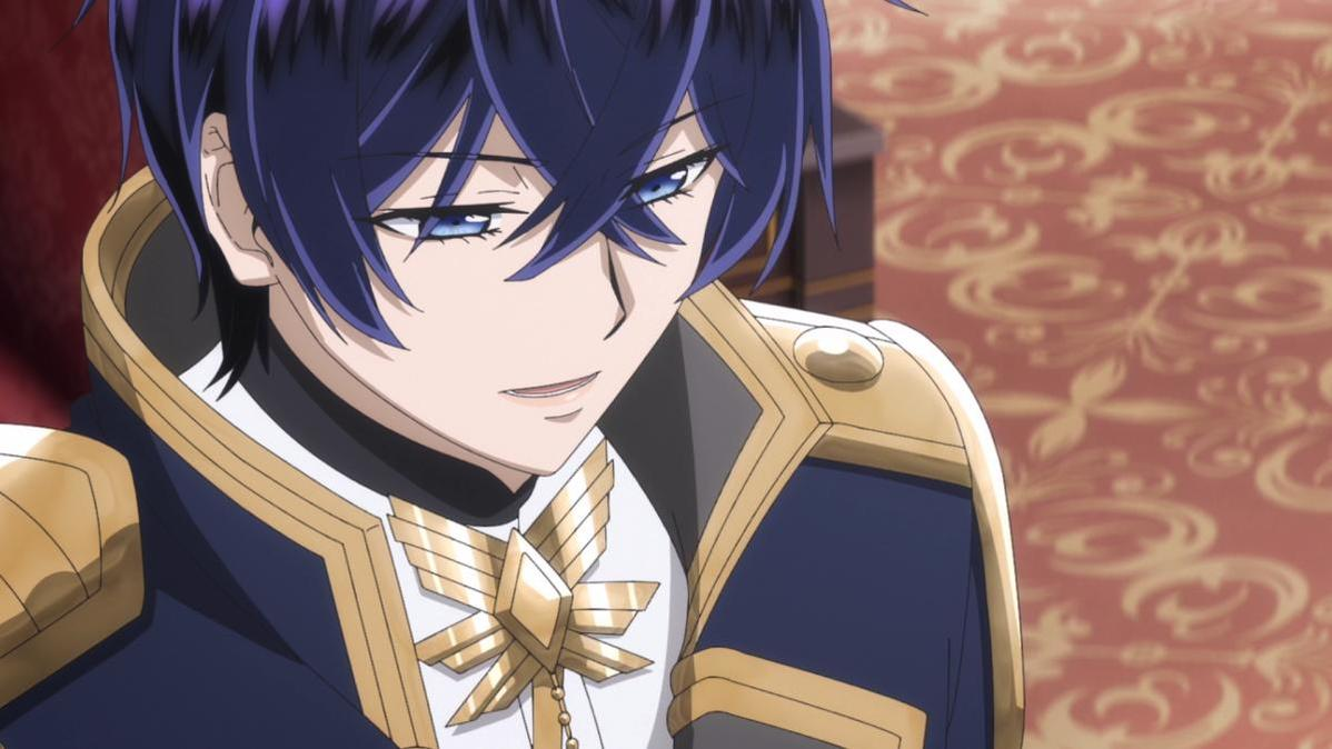 Ein Mann mit dunkelblauen Haaren und blauen Augen trägt eine blaue Uniform mit goldenen Verzierungen.