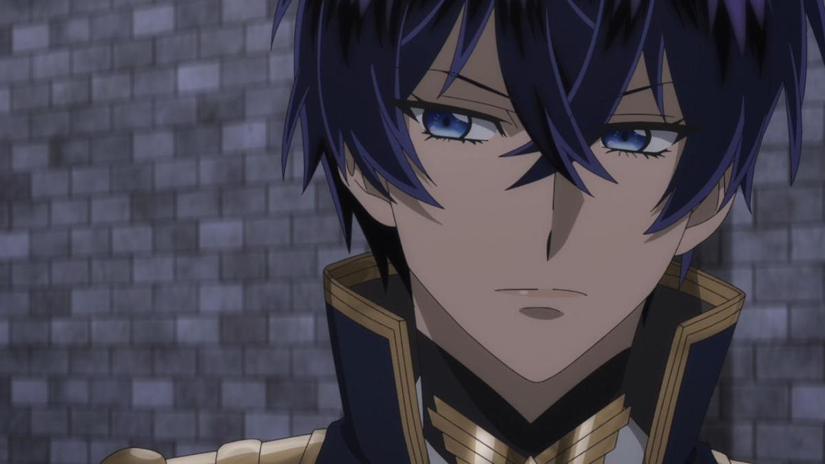 Ein Anime-Charakter mit dunklem Haar und blauen Augen, trägt eine Uniform.