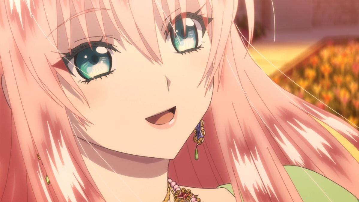 Anime-Mädchen mit langen rosa Haaren, grünen Augen und einem Kleid.