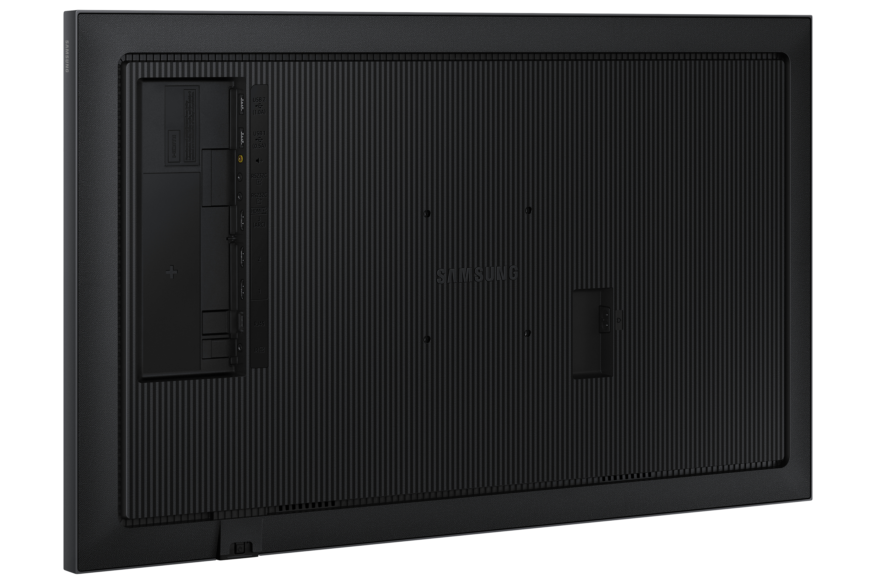Rückseite eines schwarzen Samsung Monitors mit Anschlüssen wie HDMI und USB.