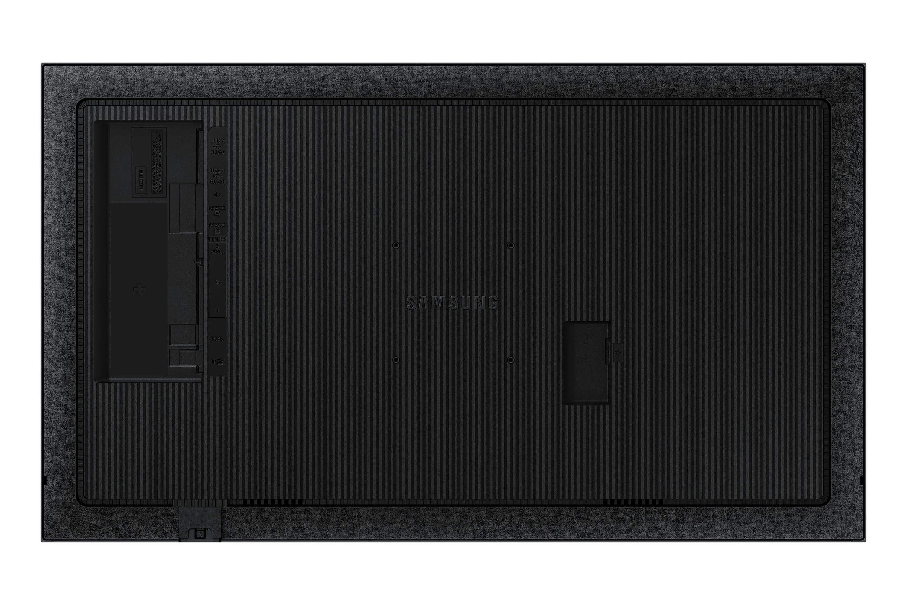 Rückseite eines schwarzen Samsung-Fernsehers mit Anschlüssen wie HDMI und USB.