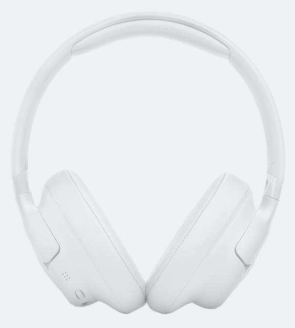 Białe słuchawki z wyściełanymi nausznikami i regulowanym pałąkiem.