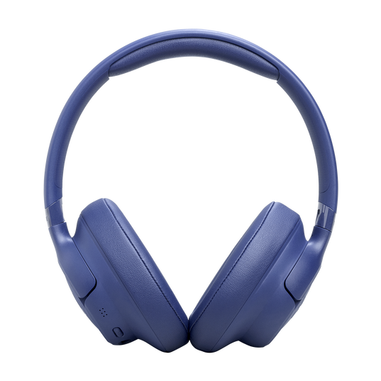 Ciemnoniebieskie słuchawki z wyściełanym pałąkiem i nausznikami.