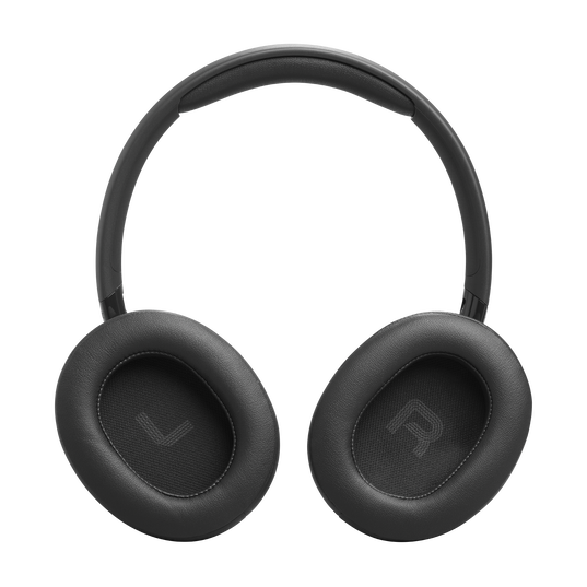 Czarne słuchawki nauszne z wyściełanymi nausznikami i pałąkiem. Widoczne L i R.