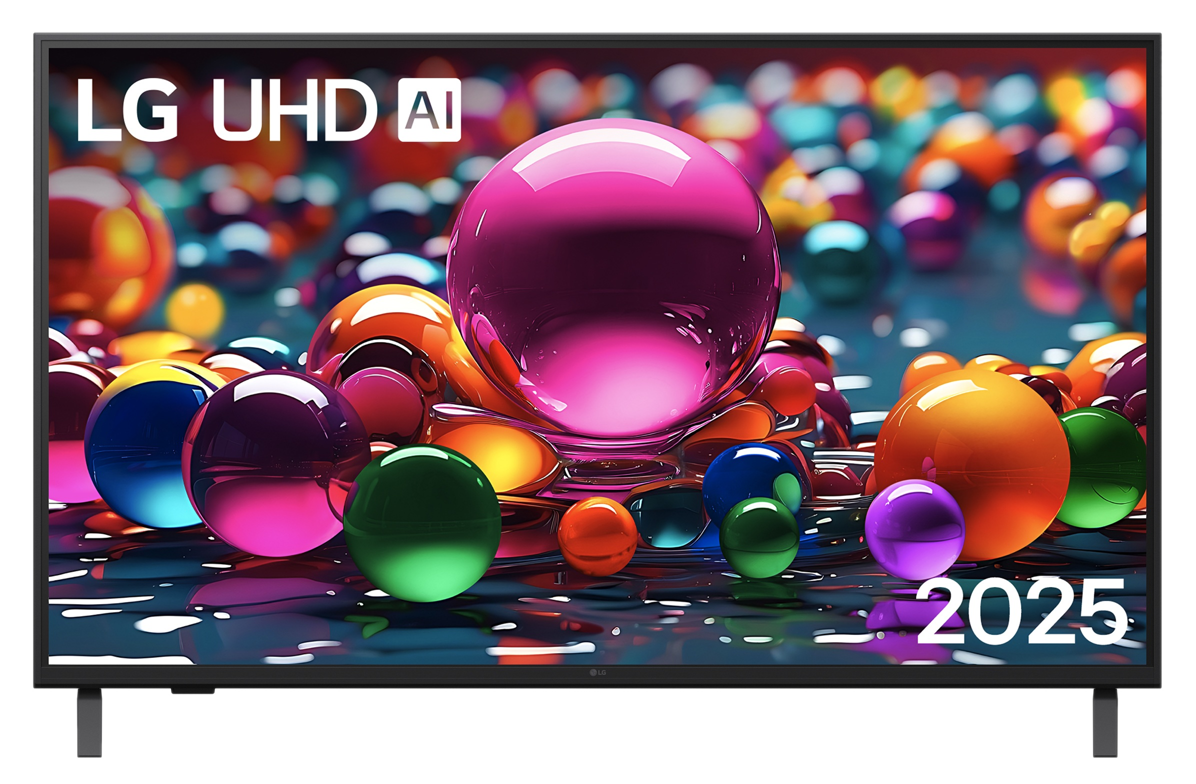 Telewizor LG UHD AI z kolorowymi kulami i rokiem 2025.