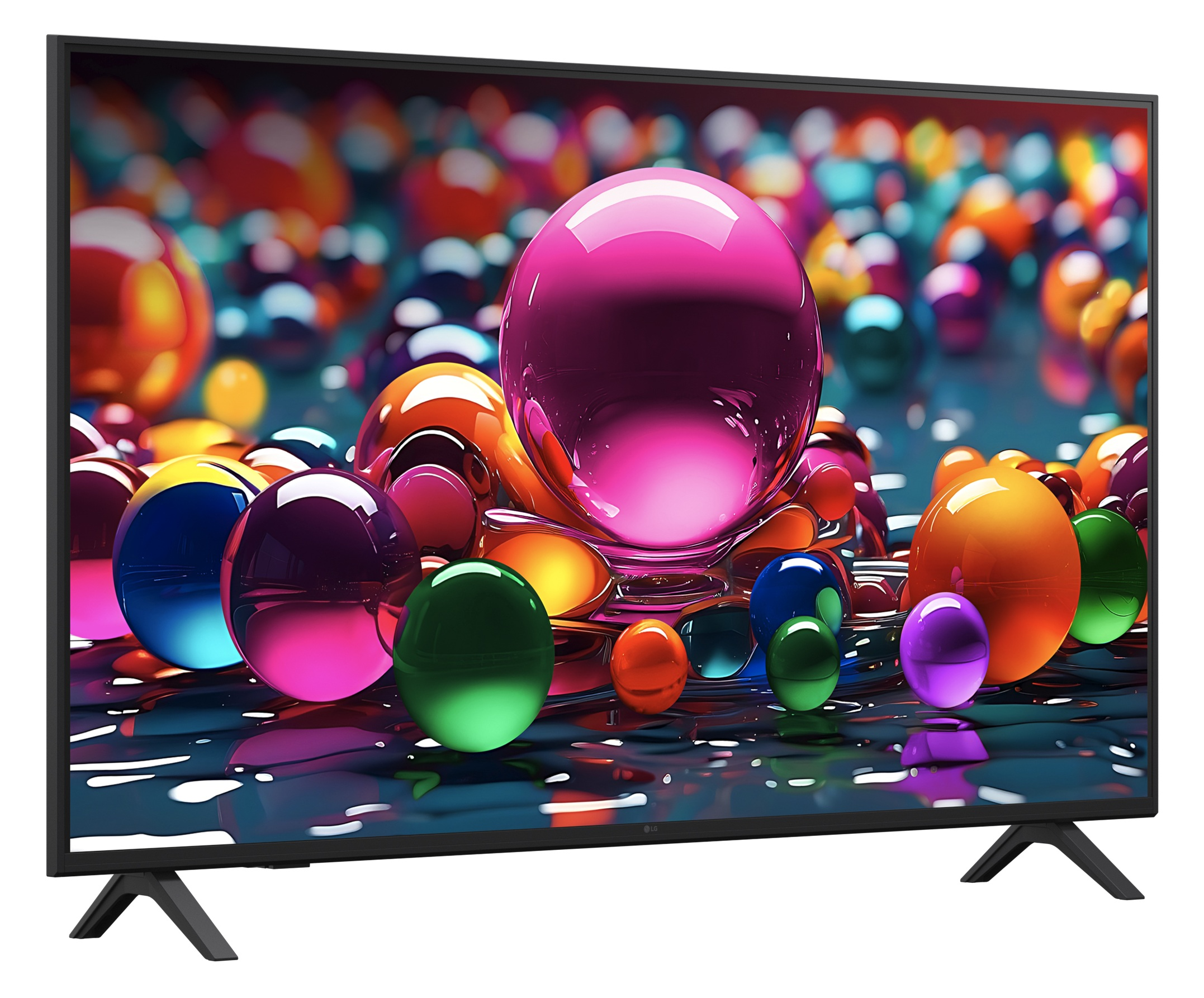 Kolorowe kulki na ciemnym, błyszczącym podłożu, jak na ekranie.