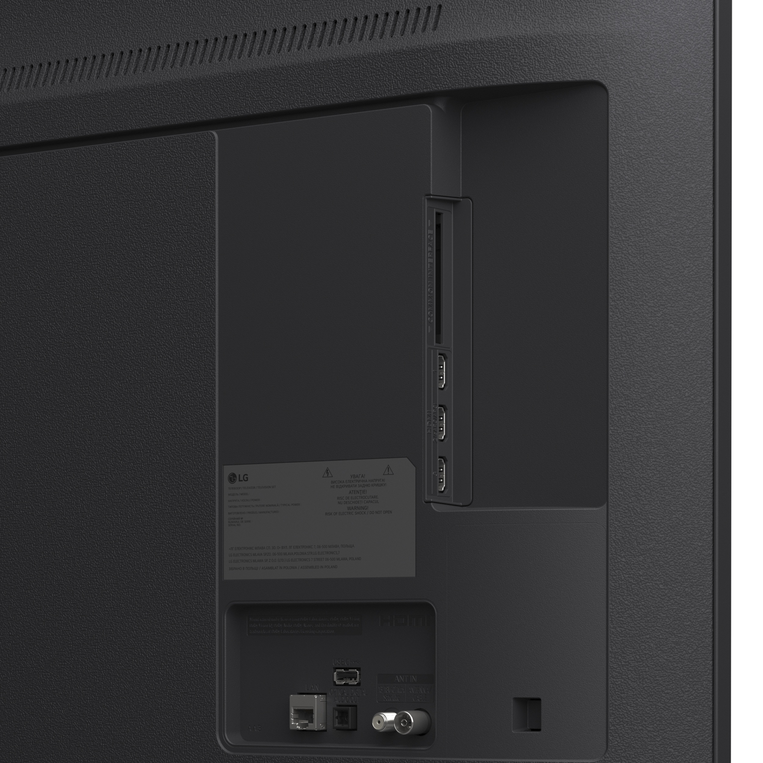 Tył telewizora z portami: HDMI, USB, LAN, antena.