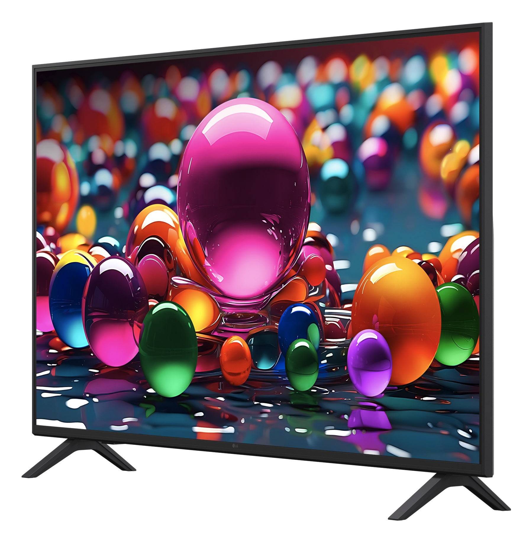 Nowoczesny telewizor wyświetla kolorowe kule na ekranie.