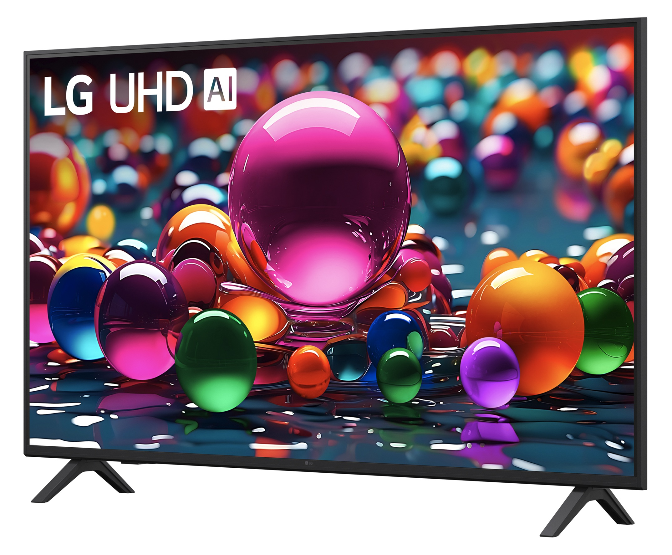 Telewizor LG UHD AI wyświetla kolorowe kule na ekranie.