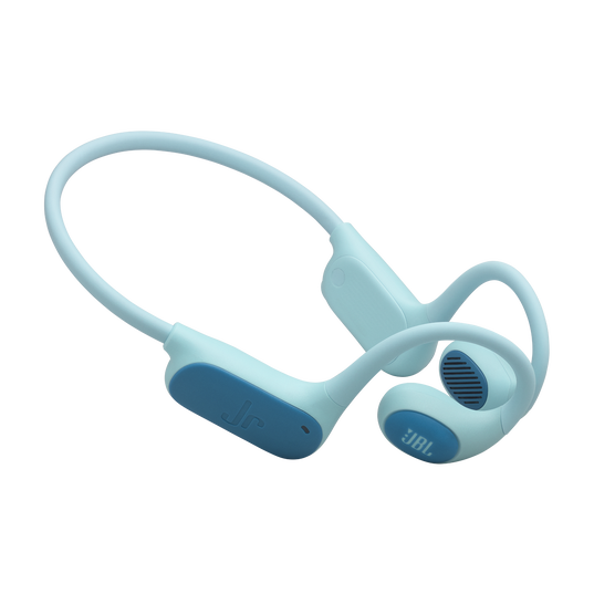 Jasnoniebieskie słuchawki bezprzewodowe z niebieskim logo Jr i JBL.