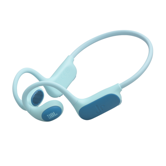 Jasnoniebieskie słuchawki JBL z niebieskim akcentem i logo JR na czarnym tle.