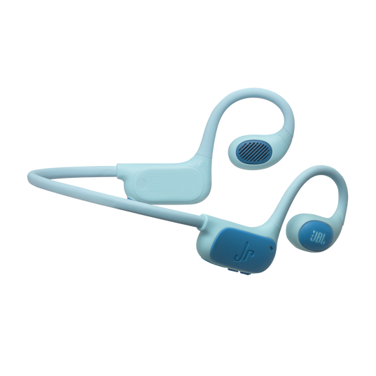 Jasnoniebieskie słuchawki JBL z niebieskim akcentem i logo Jr.