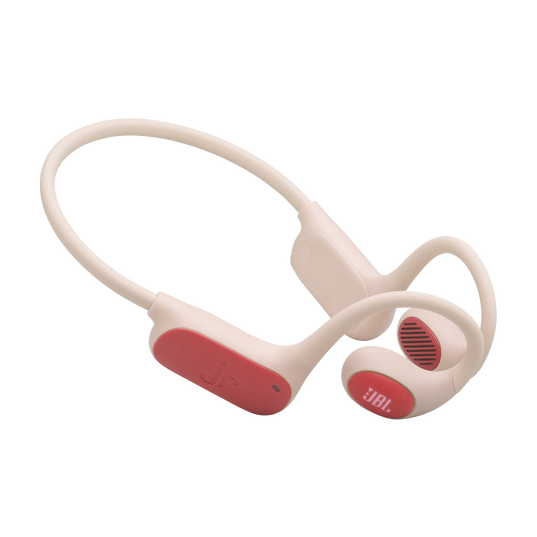 Para różowych słuchawek JBL z czerwonymi akcentami i zaczepami na uszy.