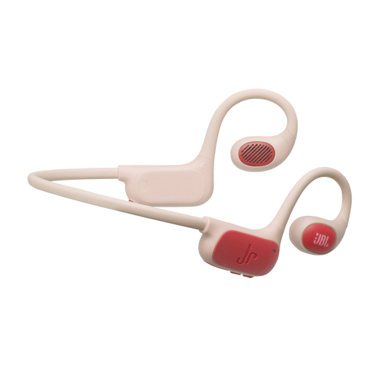 Para jasnoróżowych słuchawek z czerwonymi akcentami na czarnym tle.