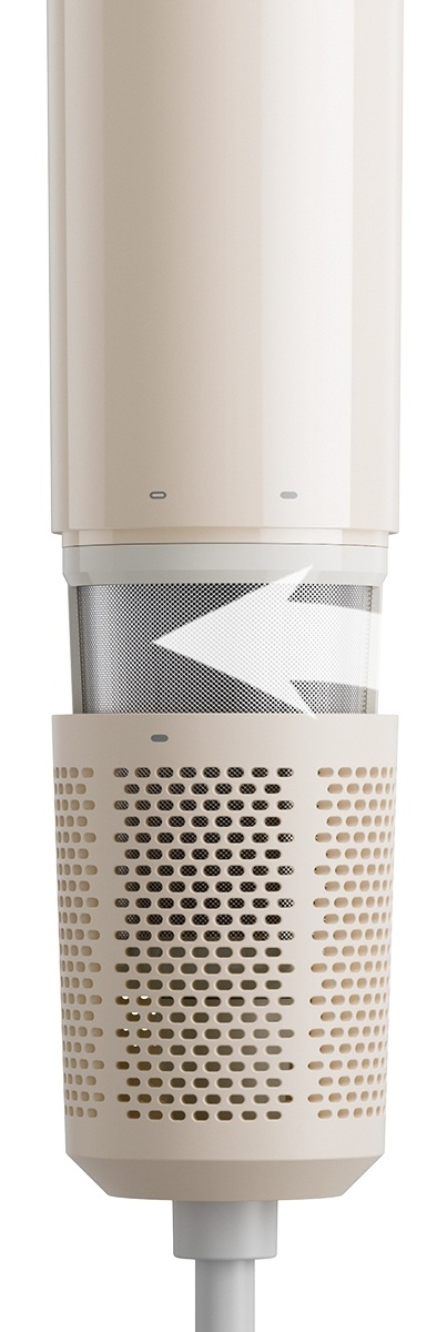 Beżowy filtr oczyszczacza powietrza z kratką o strukturze plastra miodu i strzałką.