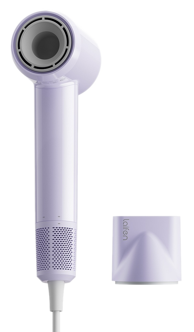 Fioletowa suszarka do włosów z nasadką obok.