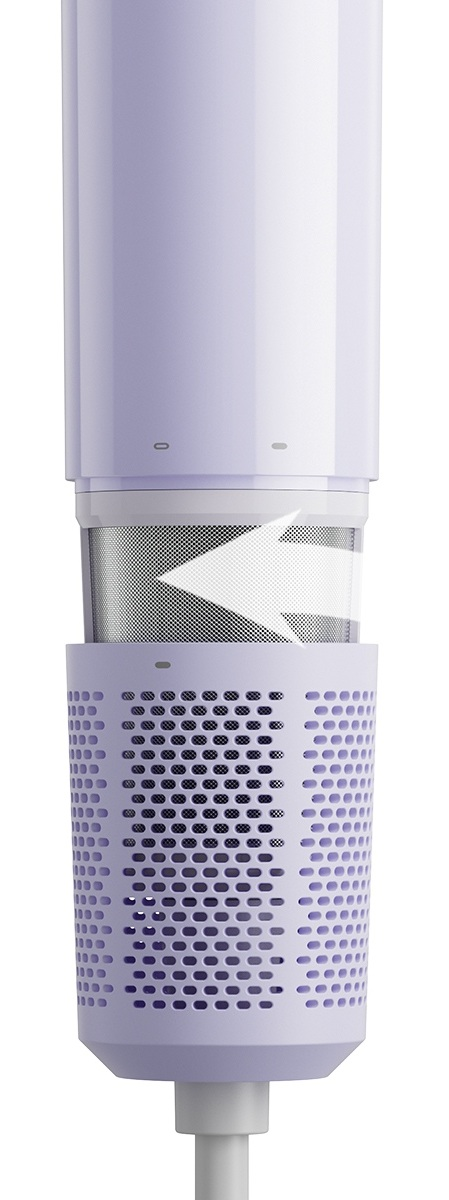 Część fioletowego oczyszczacza powietrza z widocznym filtrem i otworami.