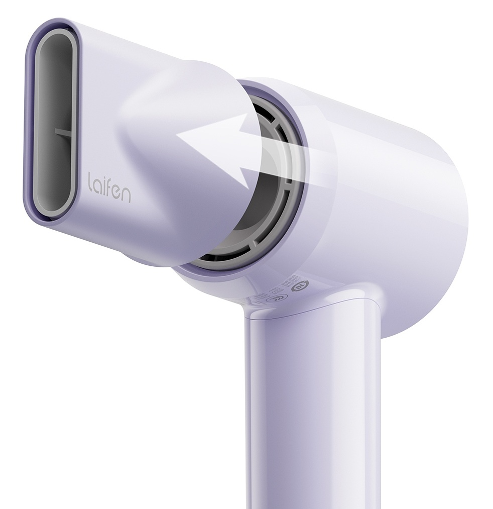 Liliowy suszarka do włosów z białym, skierowanym na dyszę, wskaźnikiem.
