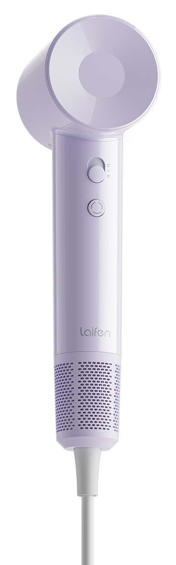 Lawendowa suszarka do włosów z białym kablem i przyciskami.