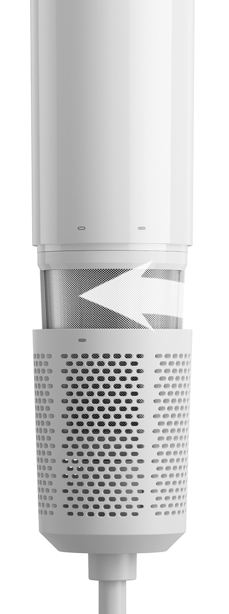 Zbliżenie białego oczyszczacza powietrza z perforowaną obudową i strzałką.