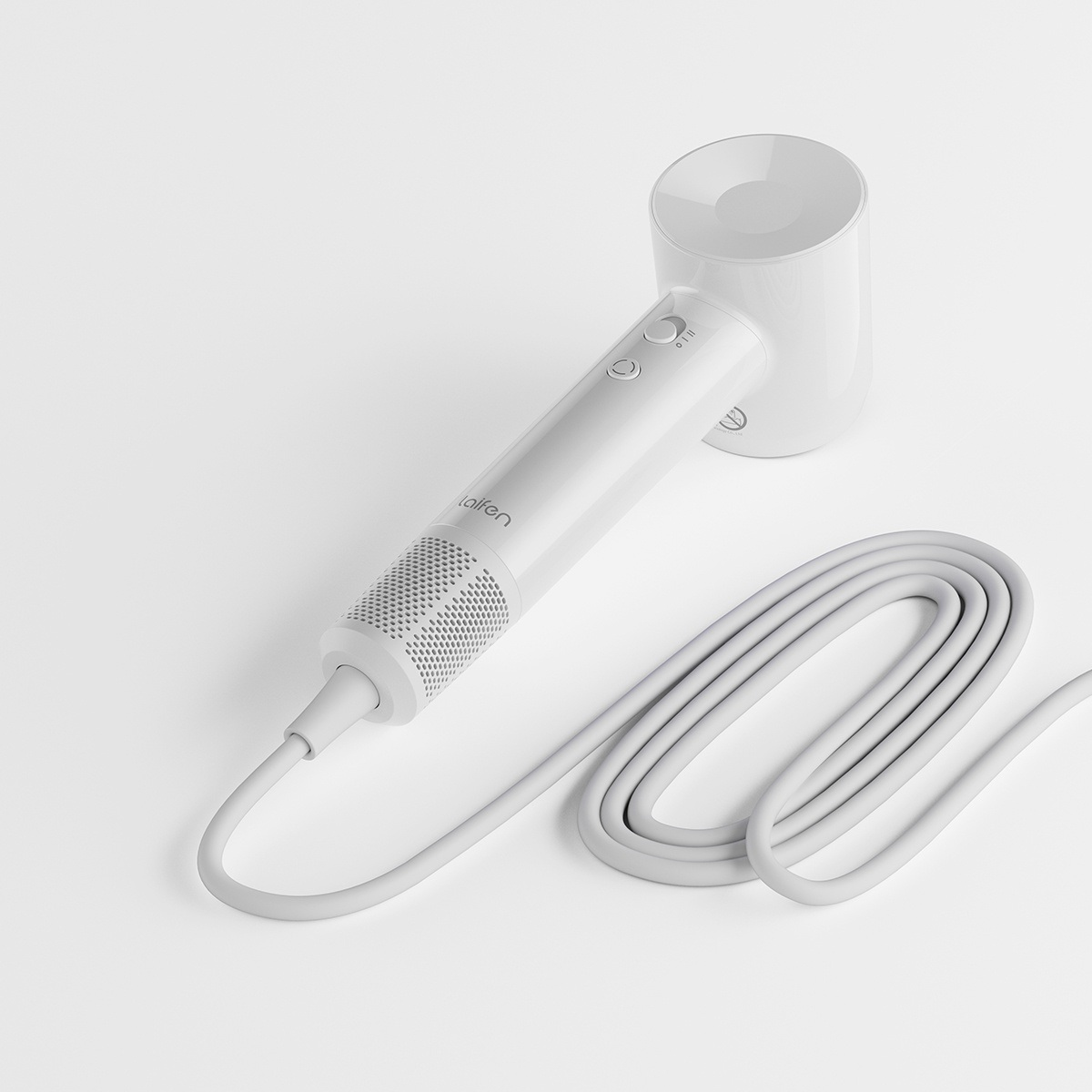 Biała suszarka do włosów z kablem na białym tle.