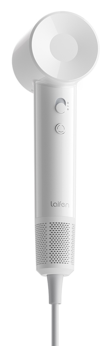 Biała suszarka do włosów ze srebrnymi elementami sterującymi i kratką wentylacyjną.