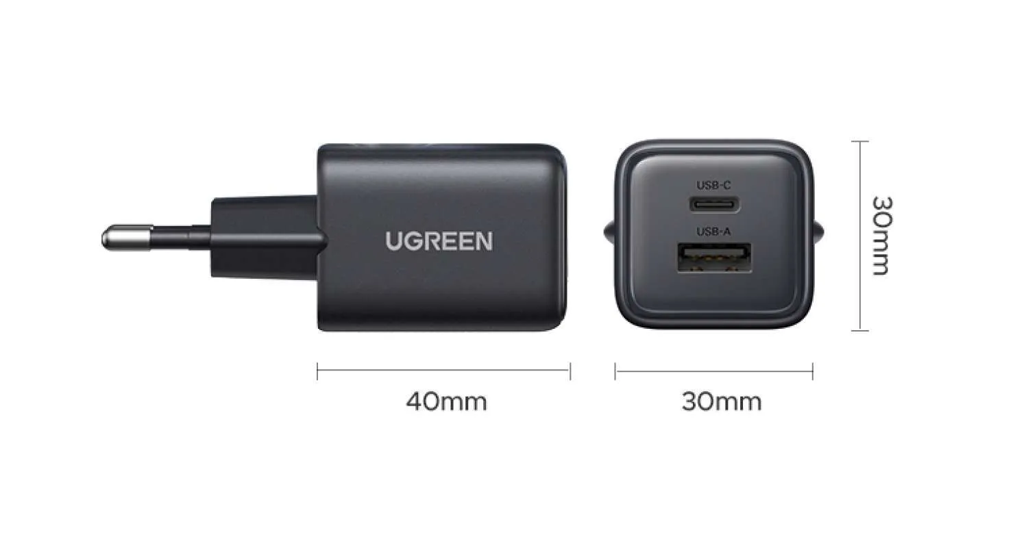 UGREEN şarj cihazı USB-C ve USB-A bağlantı noktaları, 40mm x 30mm.