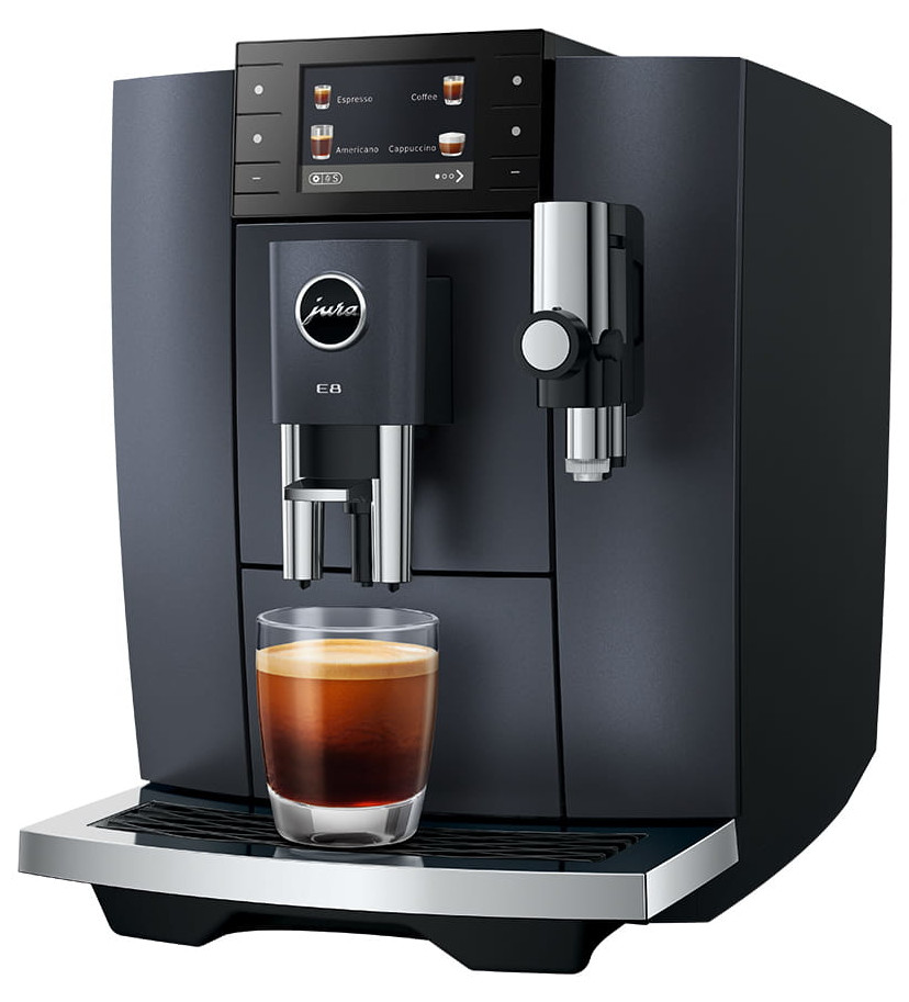 Czarny ekspres do kawy ze szklanką espresso i ekranem dotykowym.