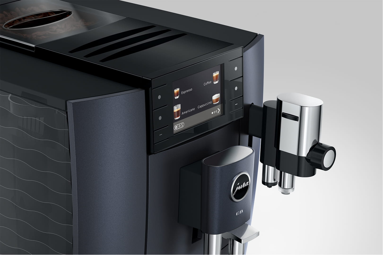 Ciemnoniebieska maszyna do kawy z ekranem dotykowym pokazującym opcje kawy.