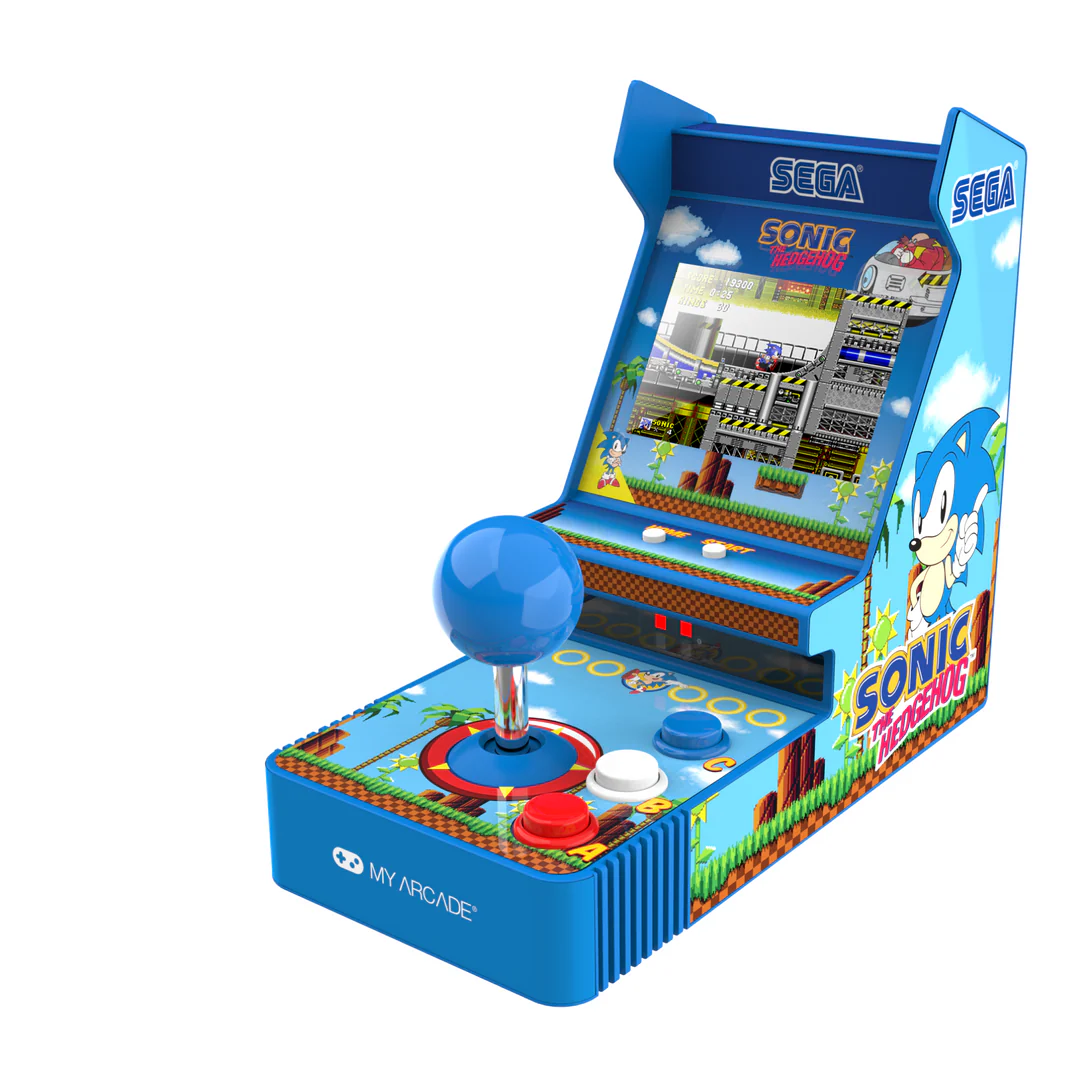 Joystick ve düğmeli mavi bir Sonic the Hedgehog atari oyun makinesi.