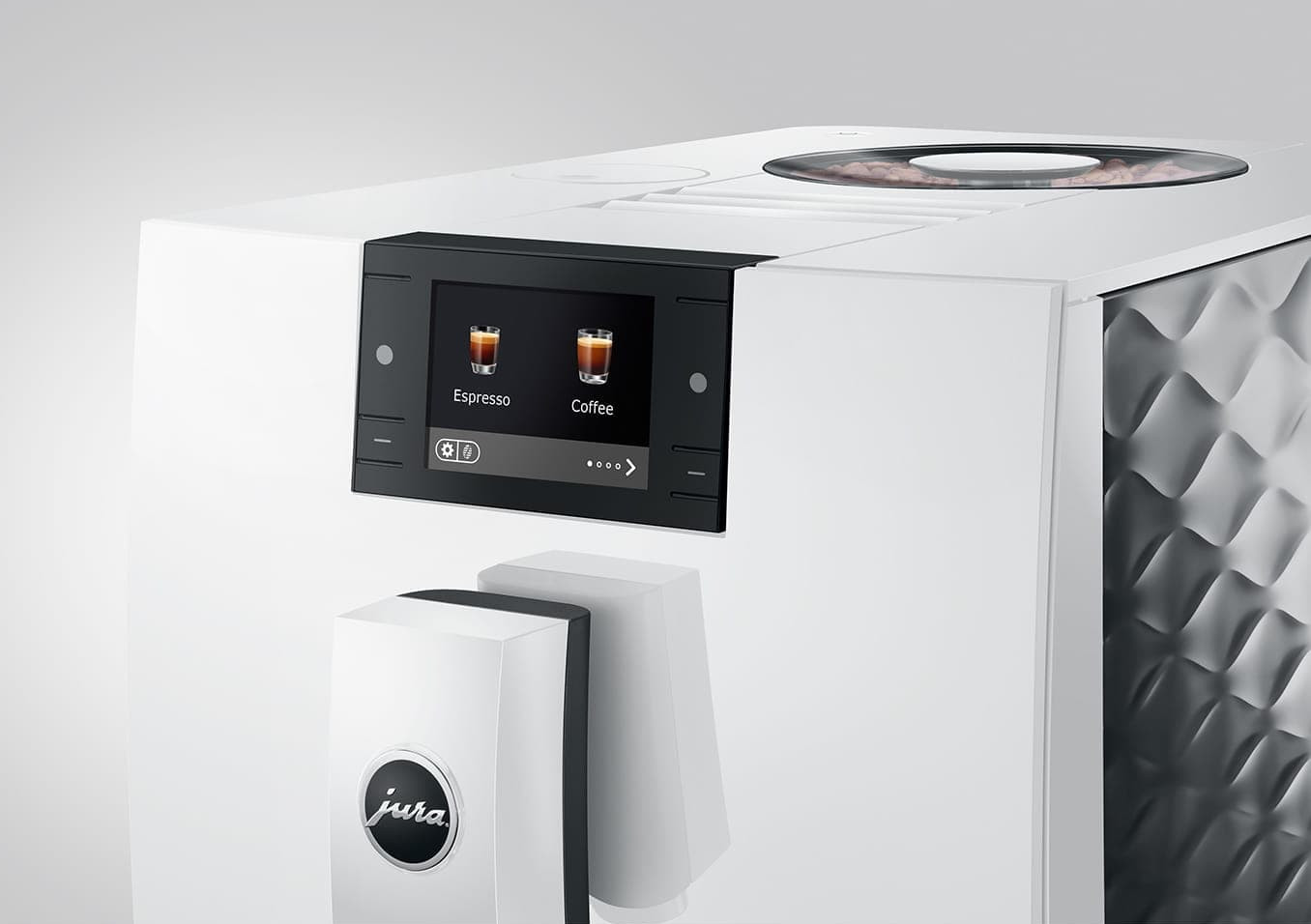 Biały ekspres do kawy z ekranem dotykowym pokazującym opcje Espresso i Kawa.