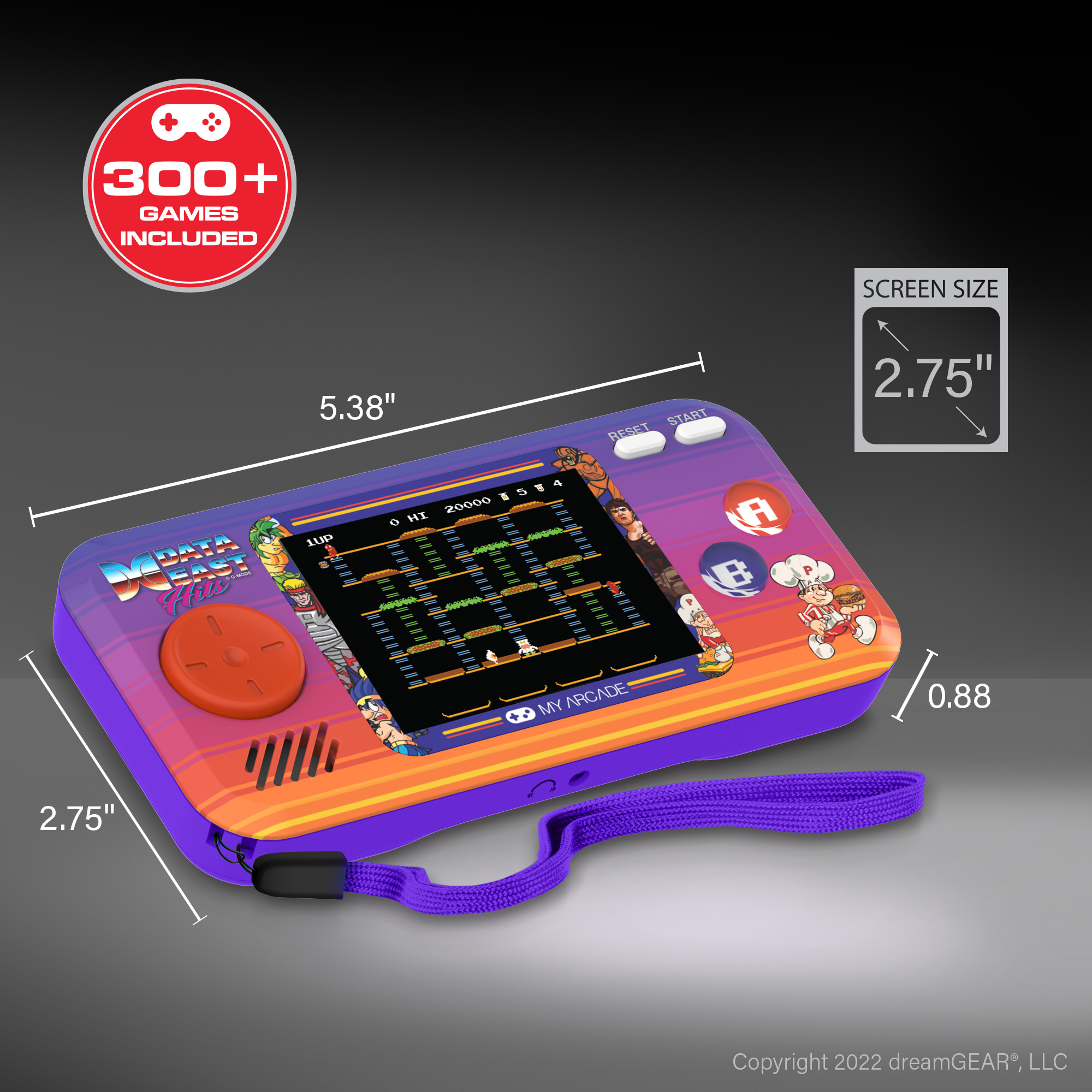 Turuncu D-pad ve 2,75 inç ekranlı mor elde taşınabilir oyun konsolu.